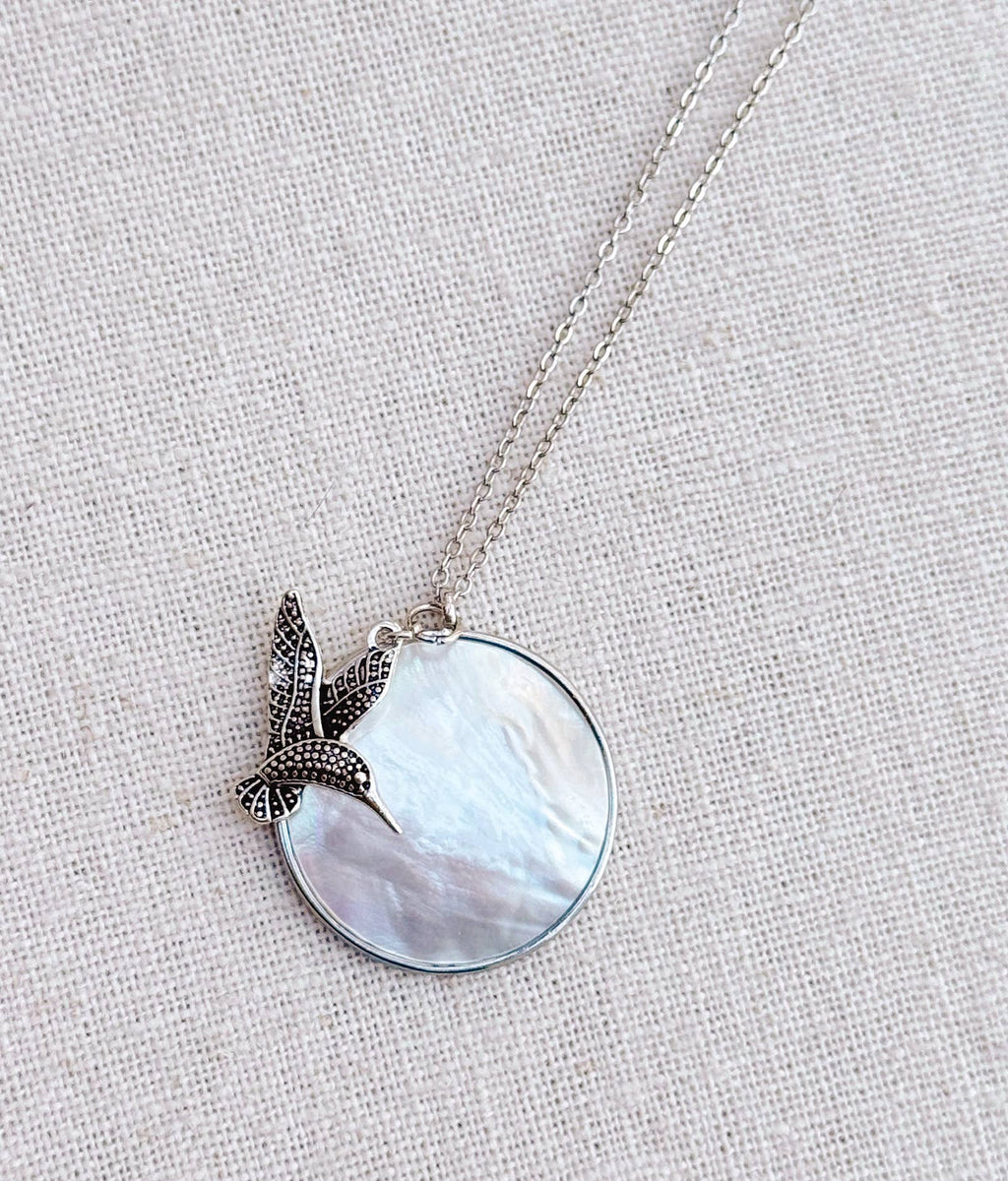 Rhodium Mother of Pearl Shell & Hummingbird Pendant Necklace
