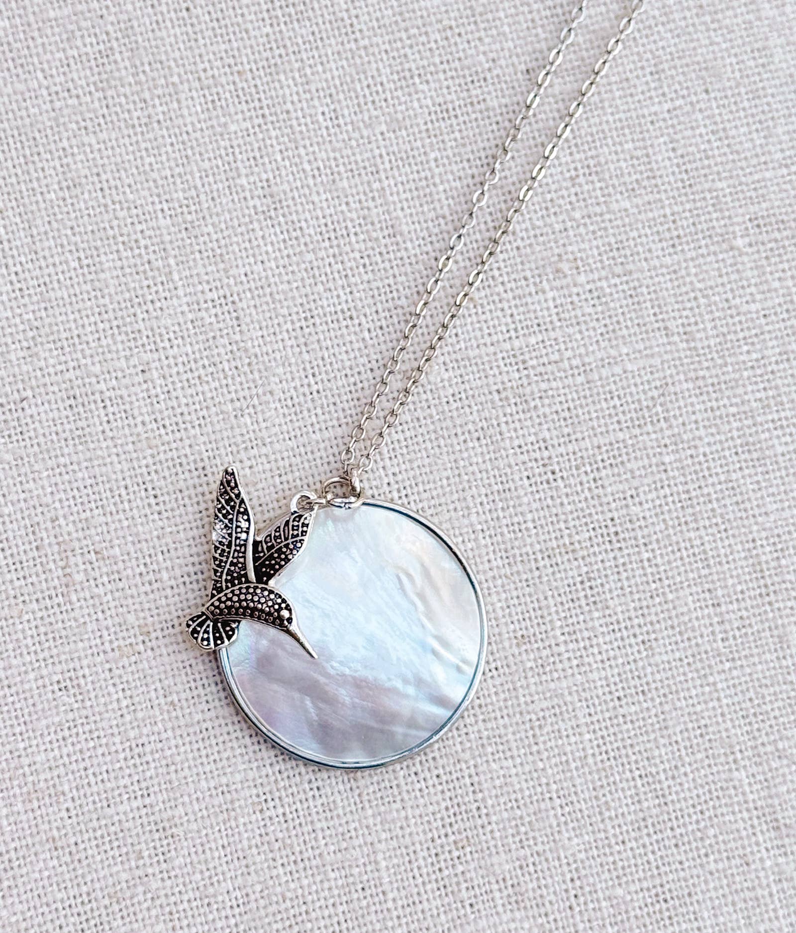 Rhodium Mother of Pearl Shell & Hummingbird Pendant Necklace