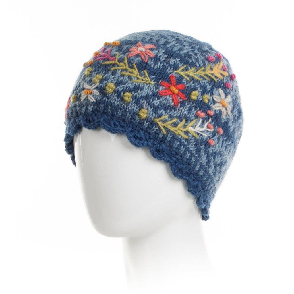 Sadie Floral Embroidered Wool Beanie Hat: Mint