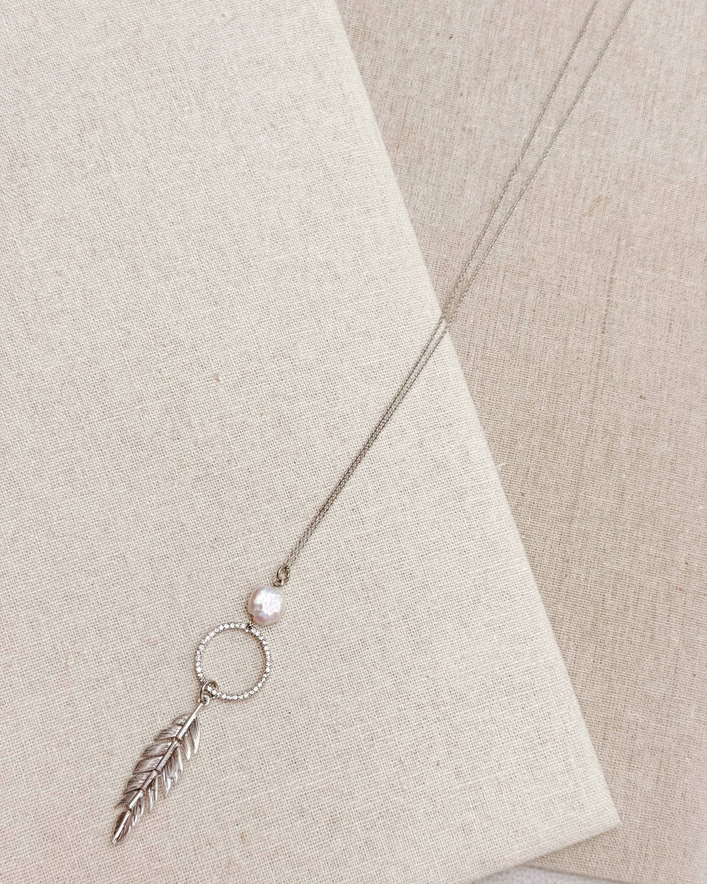 Pearl, Rhinestone Hoop & Feather Pendant Necklace: Silver