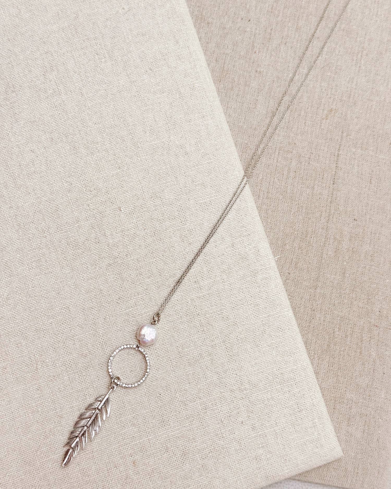 Pearl, Rhinestone Hoop & Feather Pendant Necklace: Silver