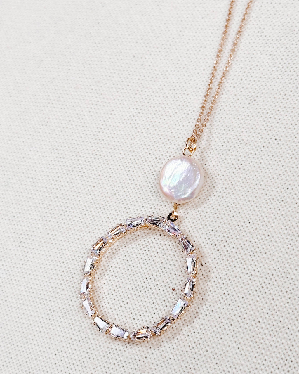 Gold Cubic Zirconia Freshwater Coin Pearl Bridal Necklace