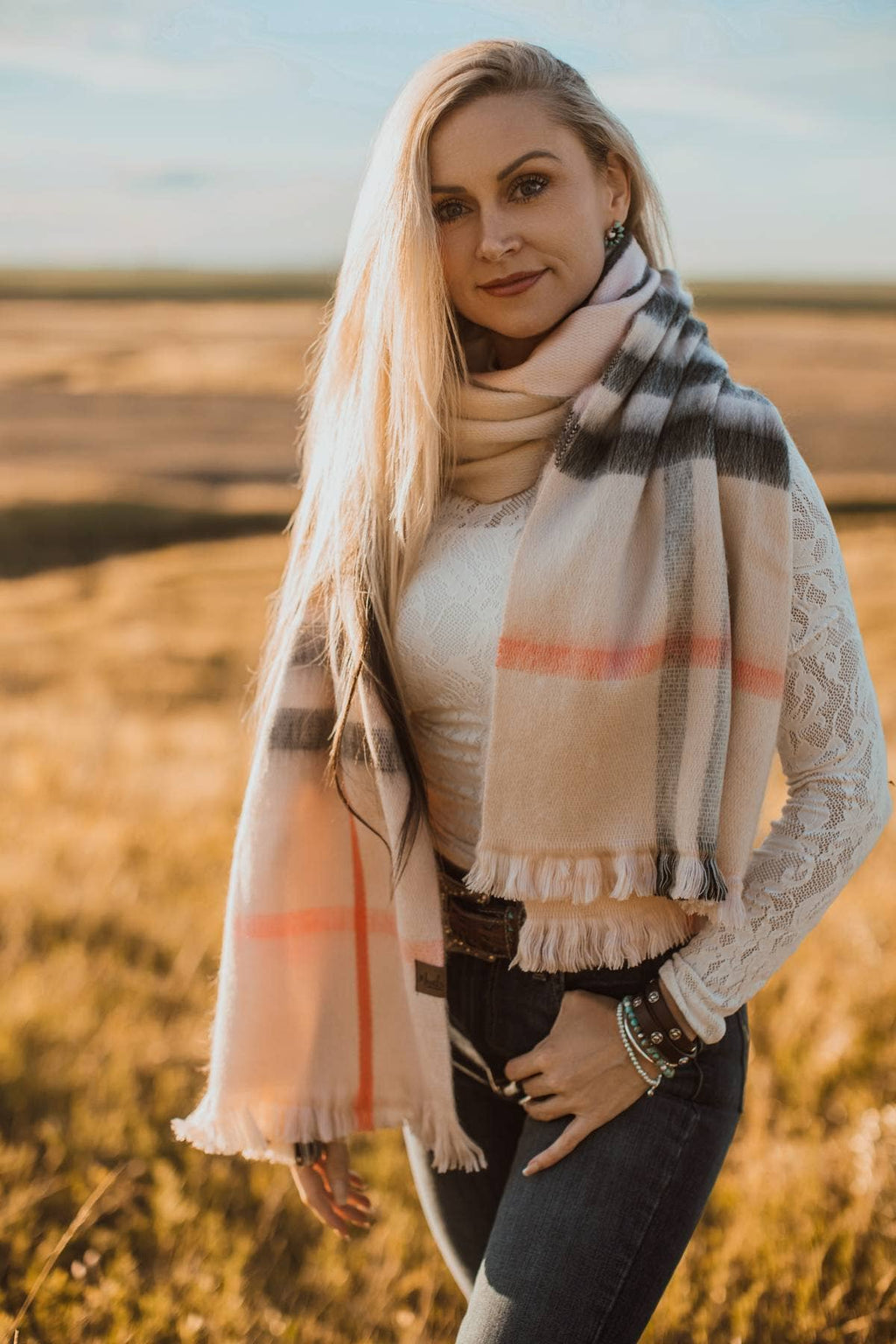 Cherry Blossom Plaid Alpaca Wool Blanket Scarf