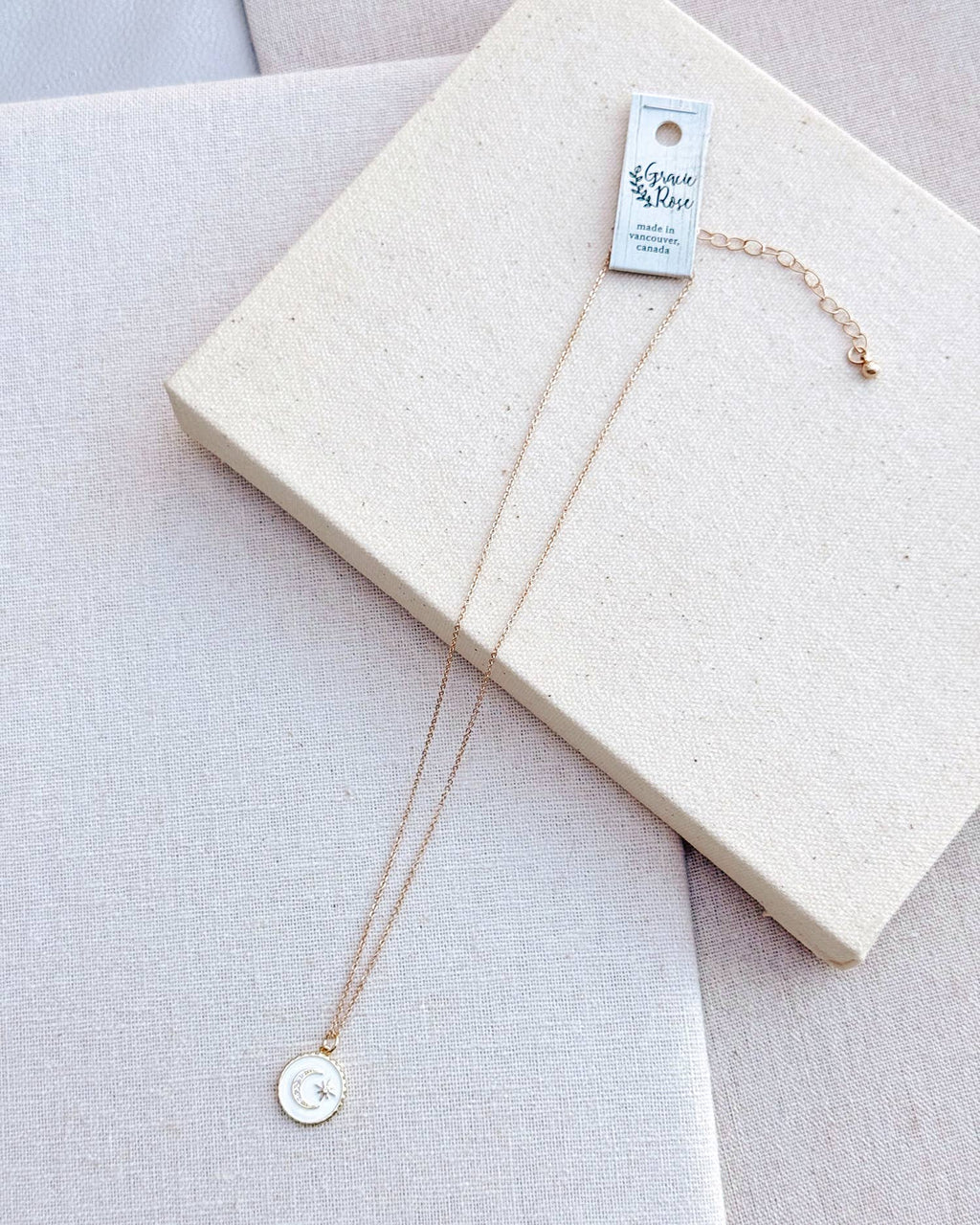 Gold White Rhinestone Moon Star Talisman Charm Necklace