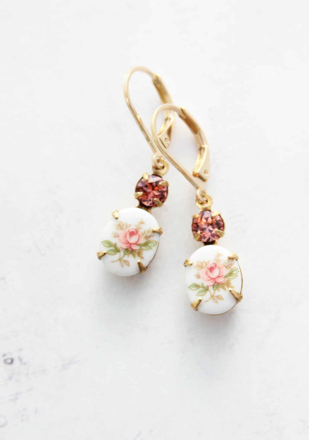Pink Rose Flower Cameo Earrings