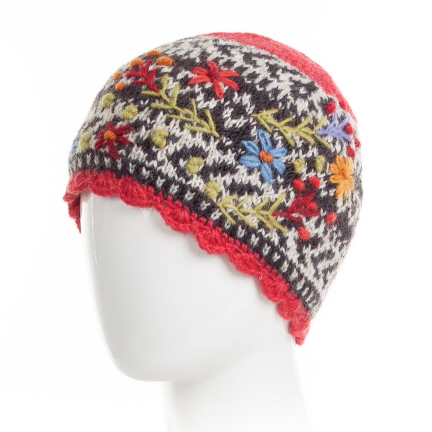 Sadie Floral Embroidered Wool Beanie Hat: Light Natural