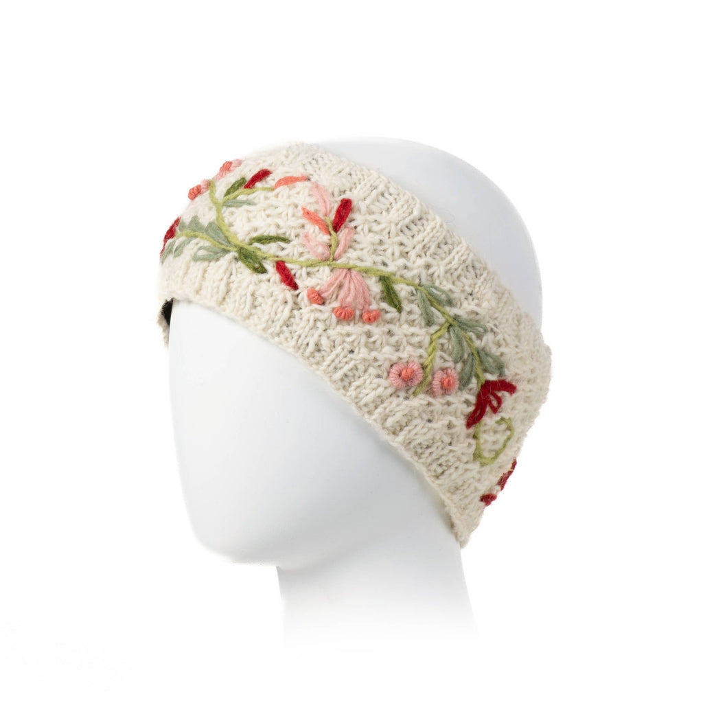 Naomi Knit Wool Headband with Embroidery: Light Natural