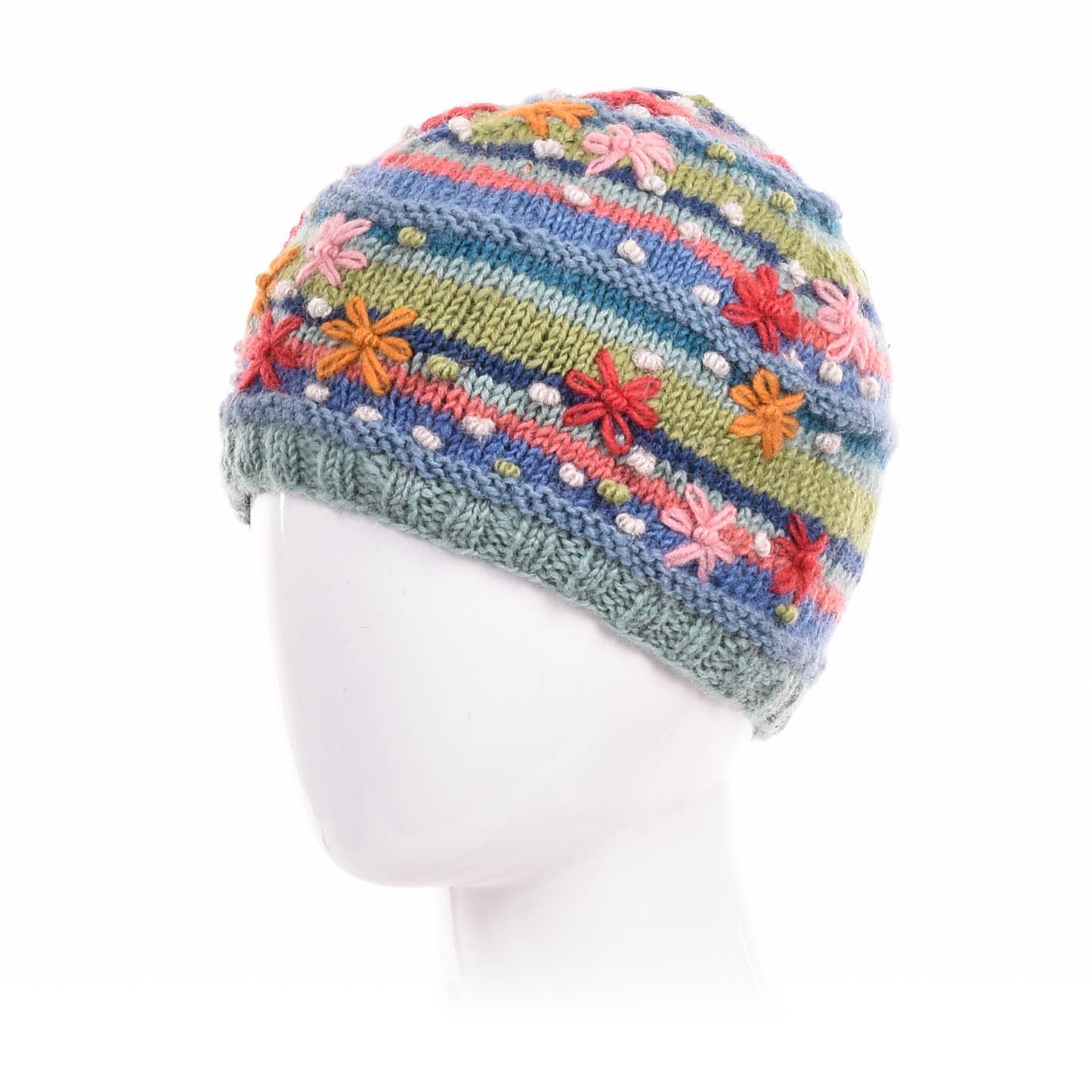 Skylar Beanie Hat – Striped Knit with Embroidered Flowers: Denim