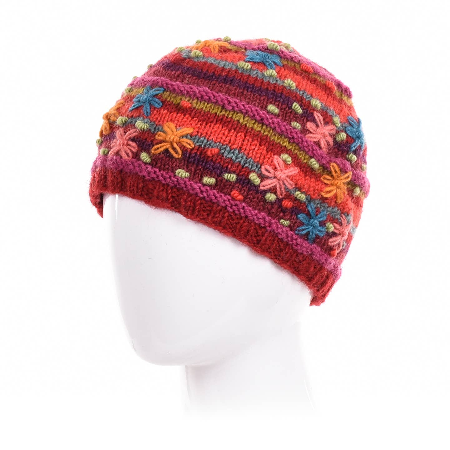 Skylar Beanie Hat – Striped Knit with Embroidered Flowers: Denim