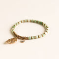 Stretch Bracelet | Gold & Green Stone, Leaf Charm