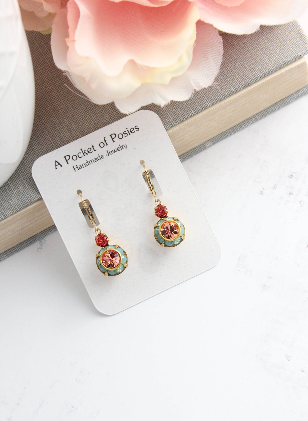 Art Deco Earrings | Coral Peach and Aqua Opal