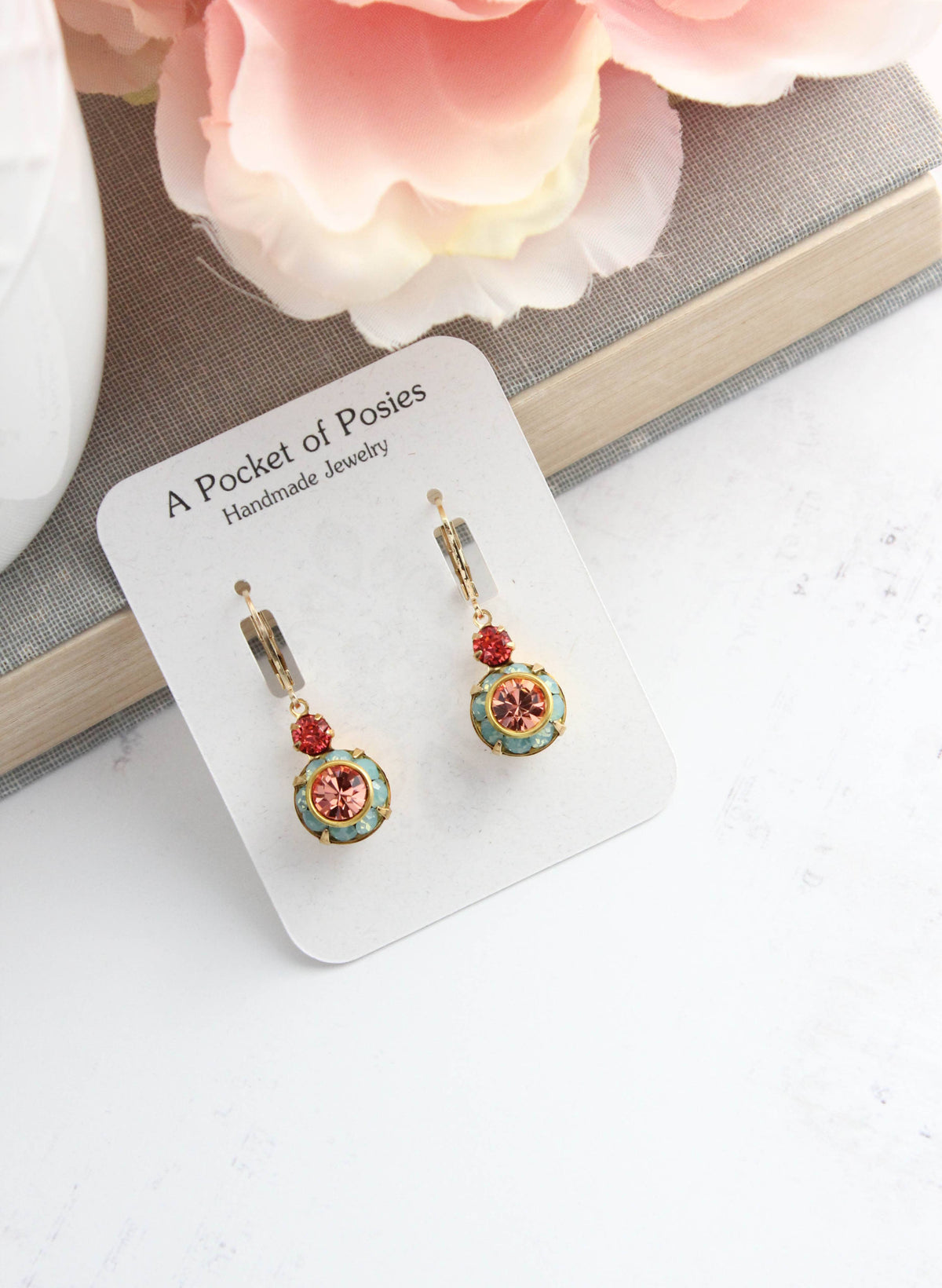 Art Deco Earrings | Coral Peach and Aqua Opal
