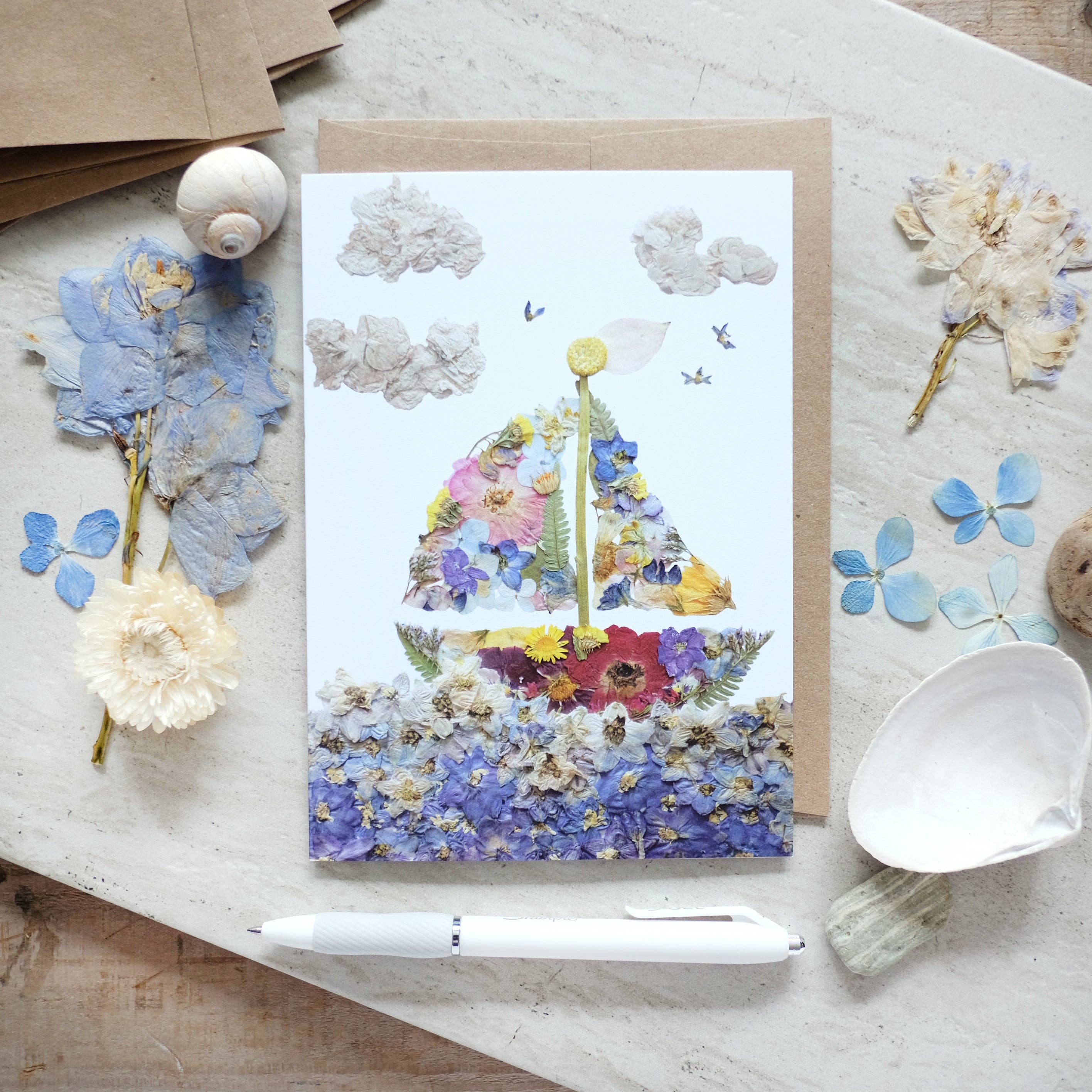 Sailboat Nautical Pressed flower Card