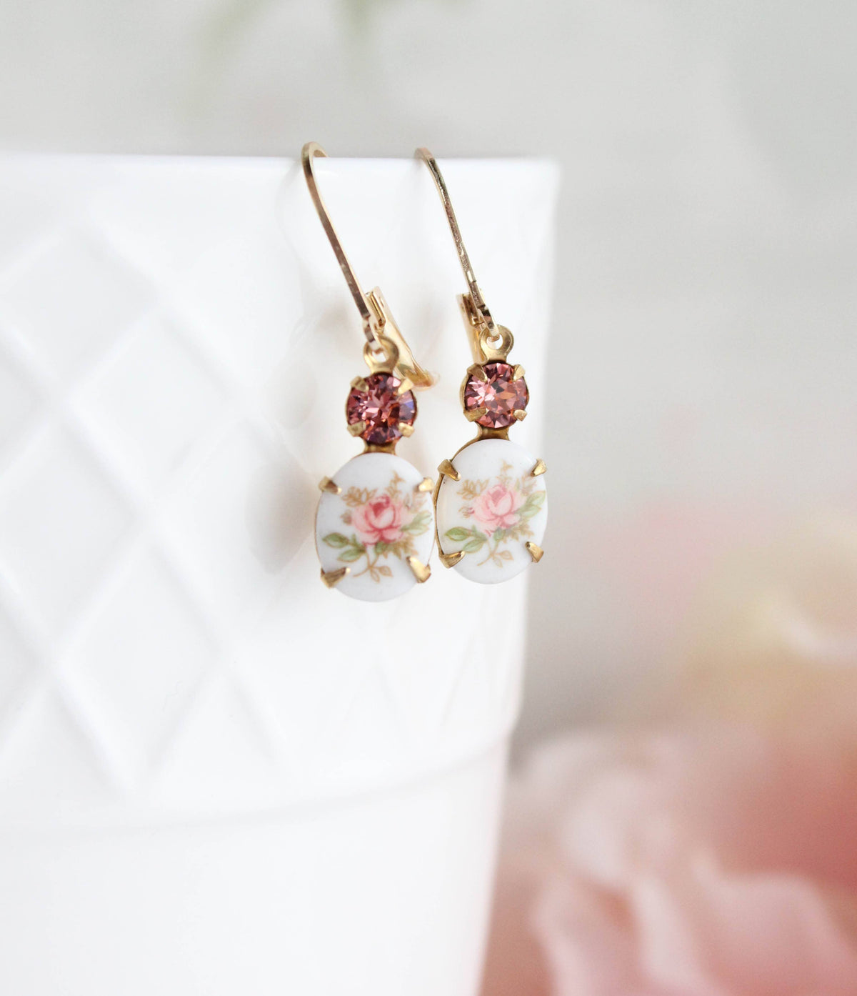 Pink Rose Flower Cameo Earrings