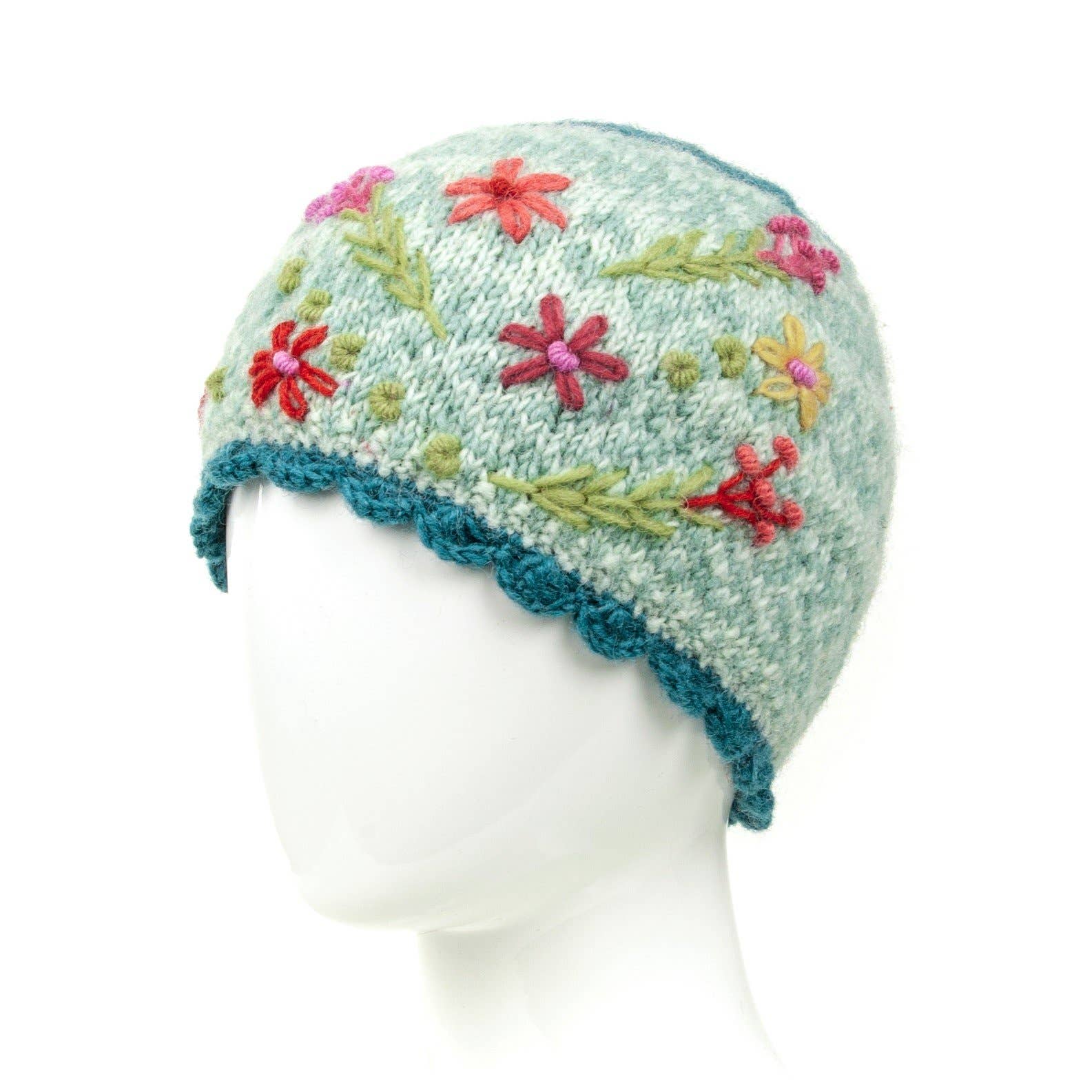 Sadie Floral Embroidered Wool Beanie Hat: Mint