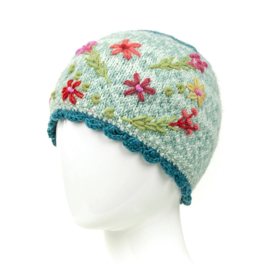 Sadie Floral Embroidered Wool Beanie Hat: Light Natural
