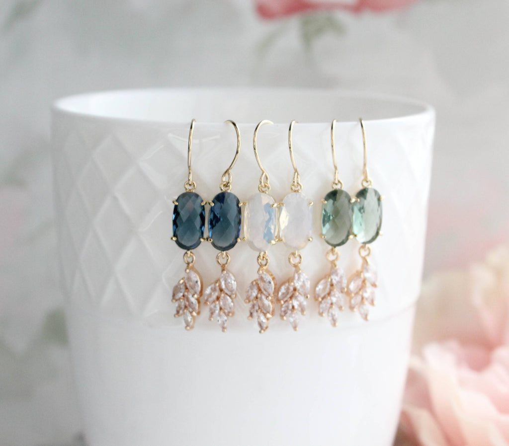 Blue Crystal Leaf Motif Earrings