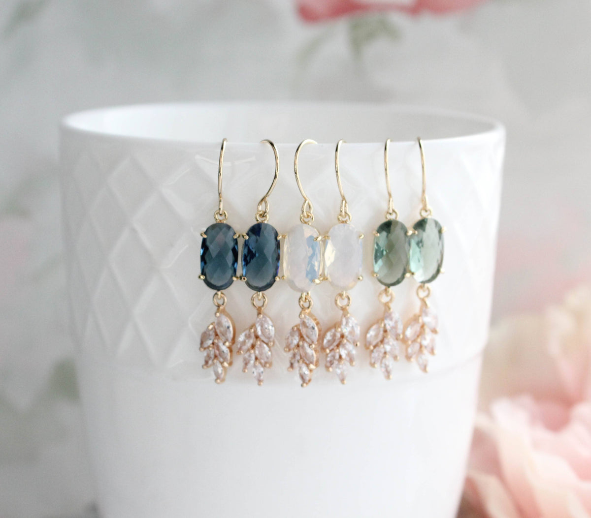 Blue Crystal Leaf Motif Earrings