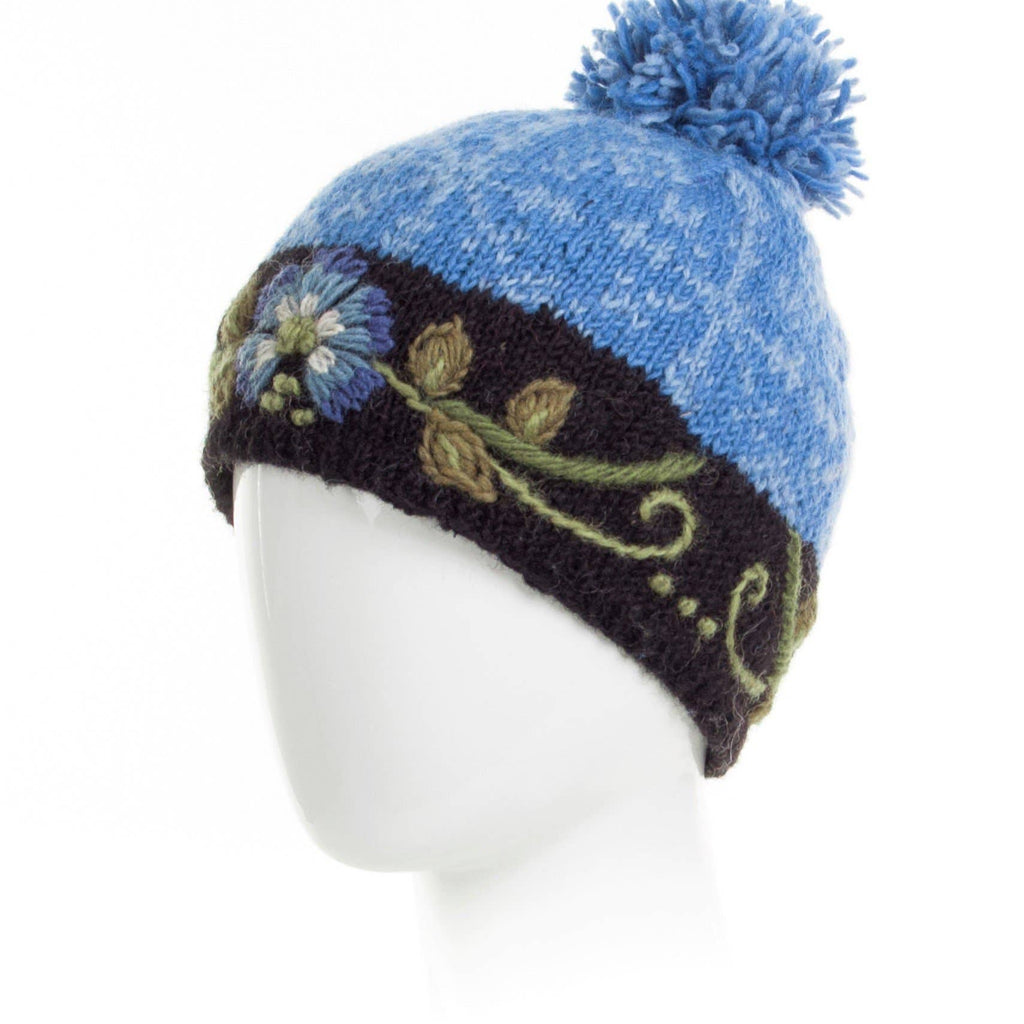 Eleanor Beanie Hat with Embroidered Floral Detail: Light Natural