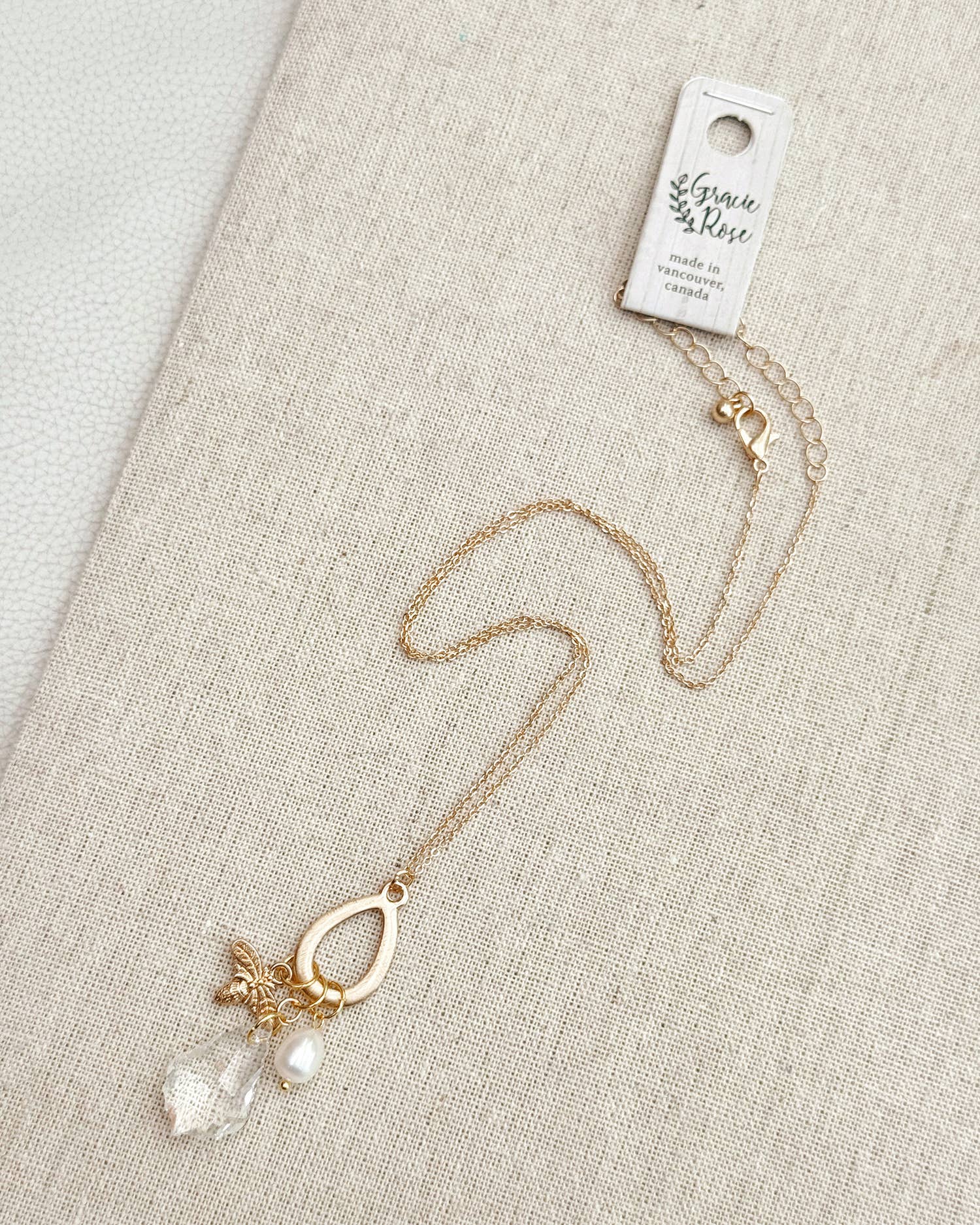 Gold Freshwater Pearl Swarovski Crystal Bee Charm Necklace