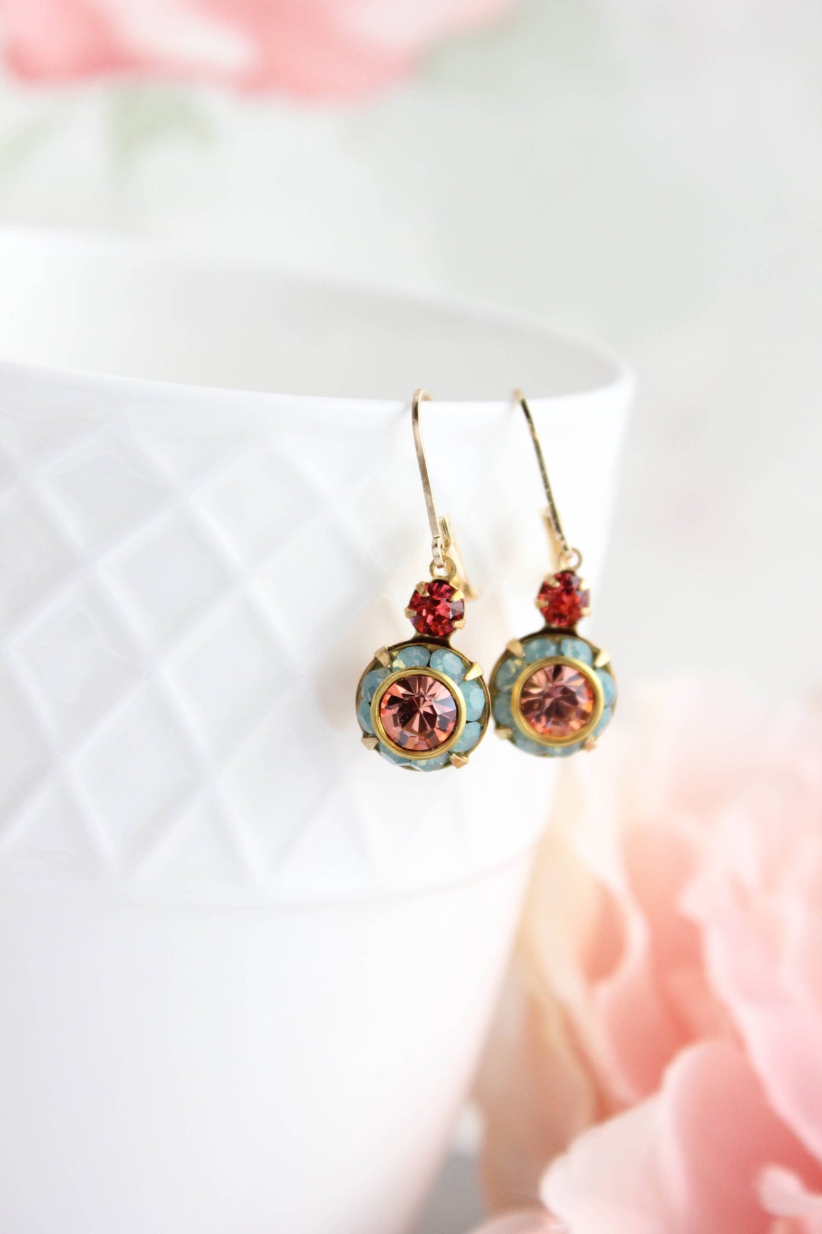 Art Deco Earrings | Coral Peach and Aqua Opal