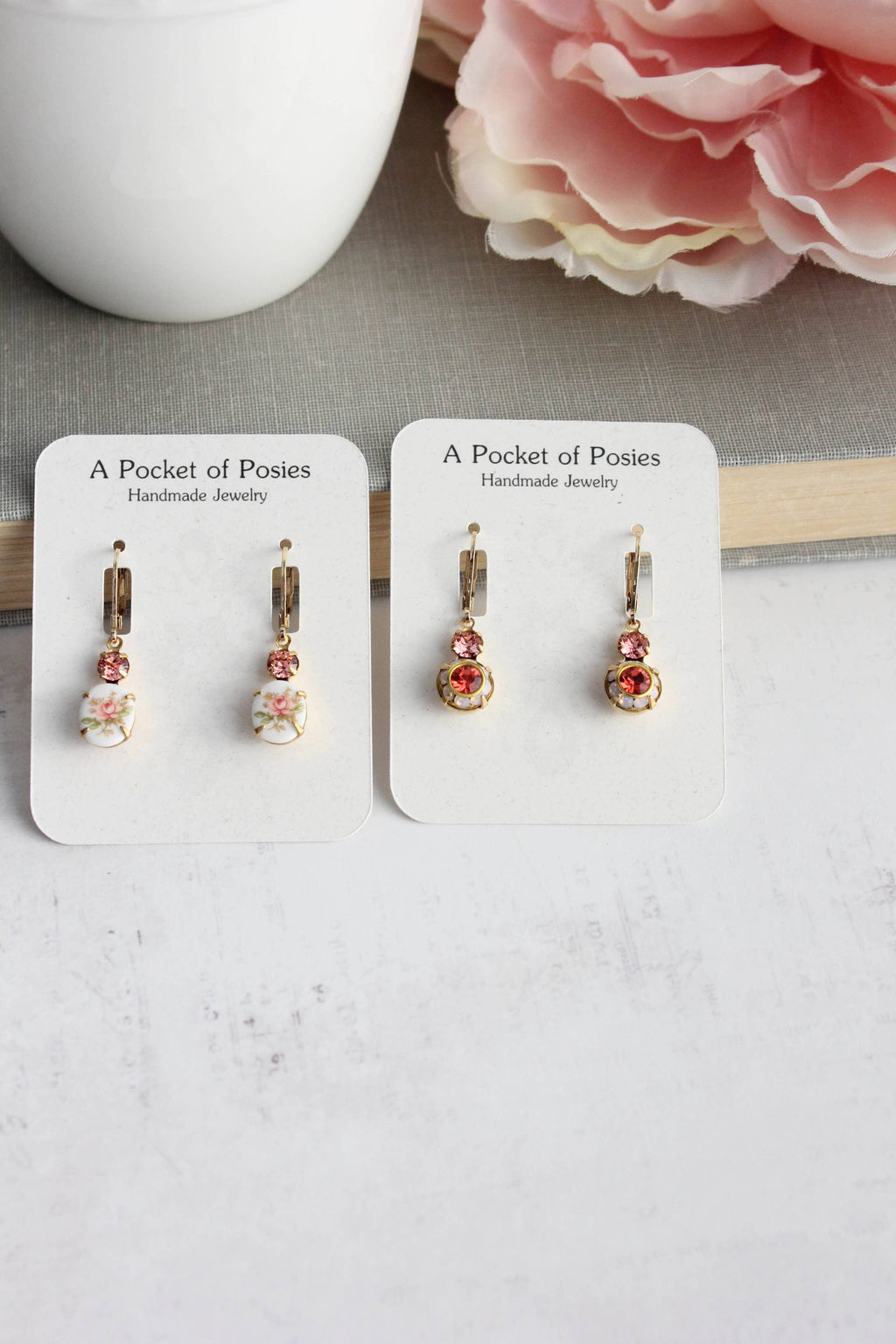 Pink Rose Flower Cameo Earrings