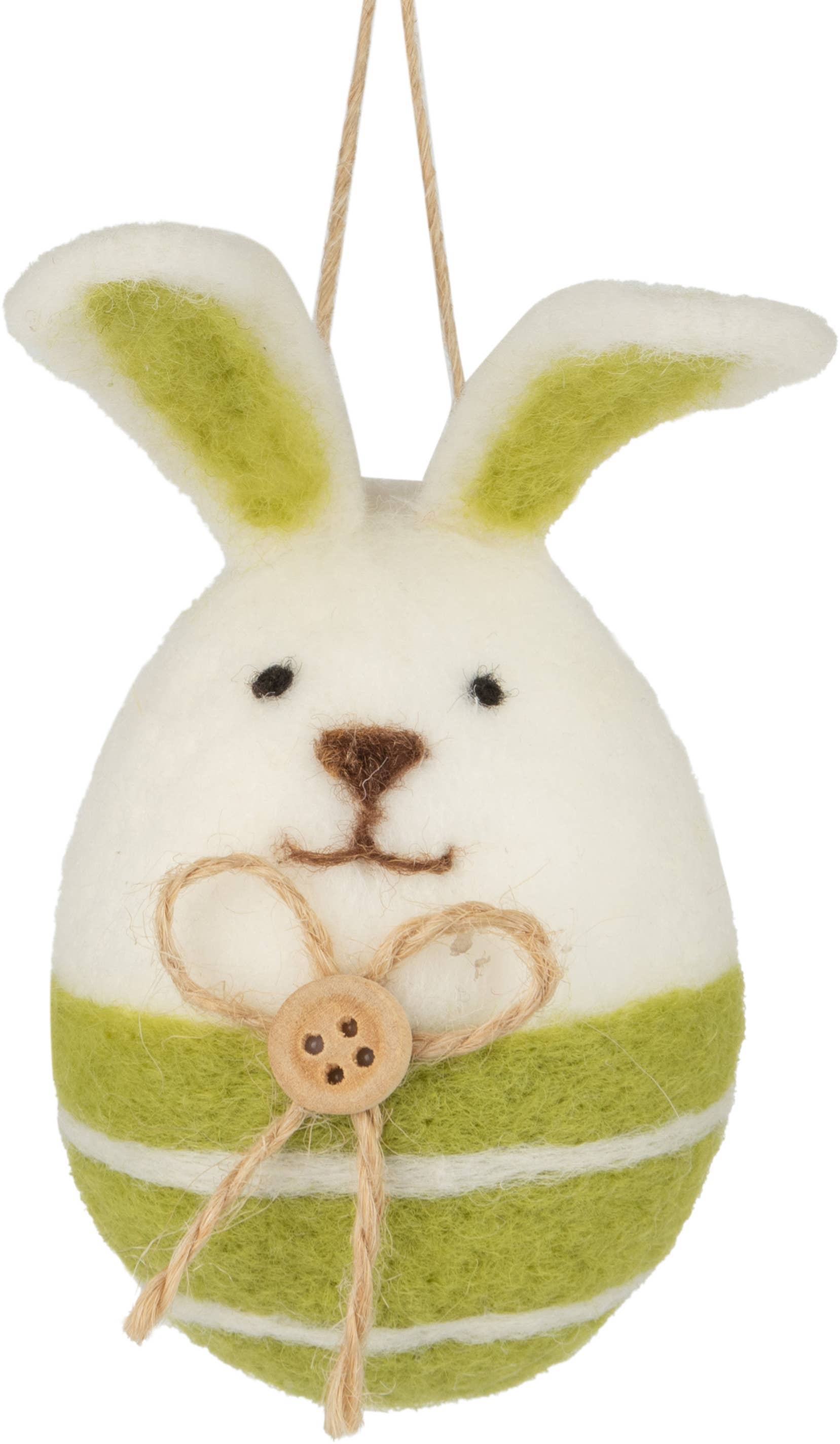 A23432: Felt bunny ornament, green base, jute bow, 4 in