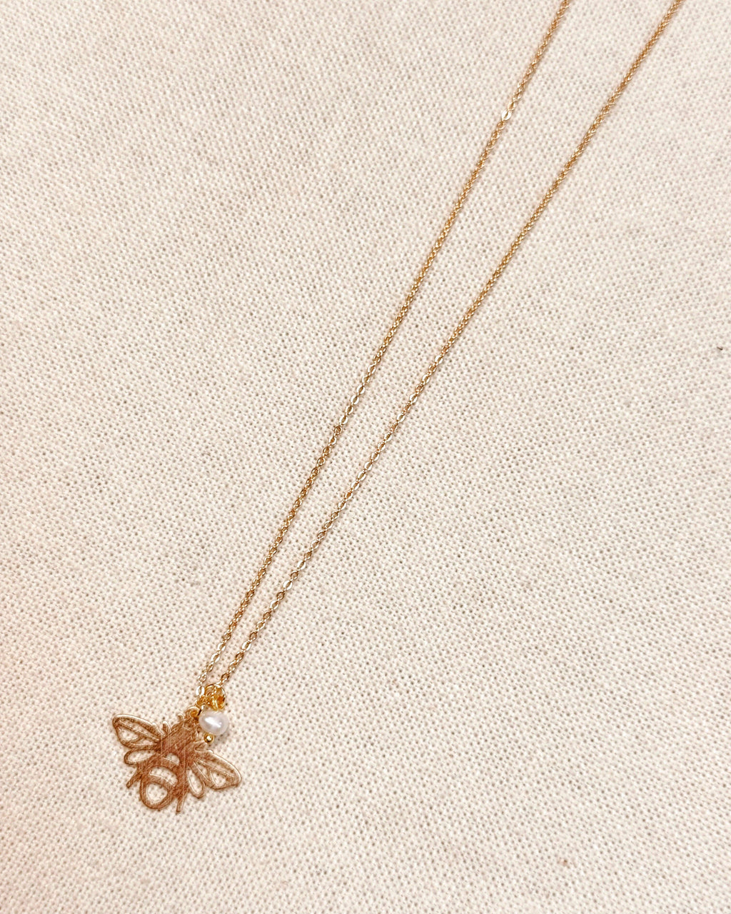 Textured Brass Bee Gold Charm Necklace