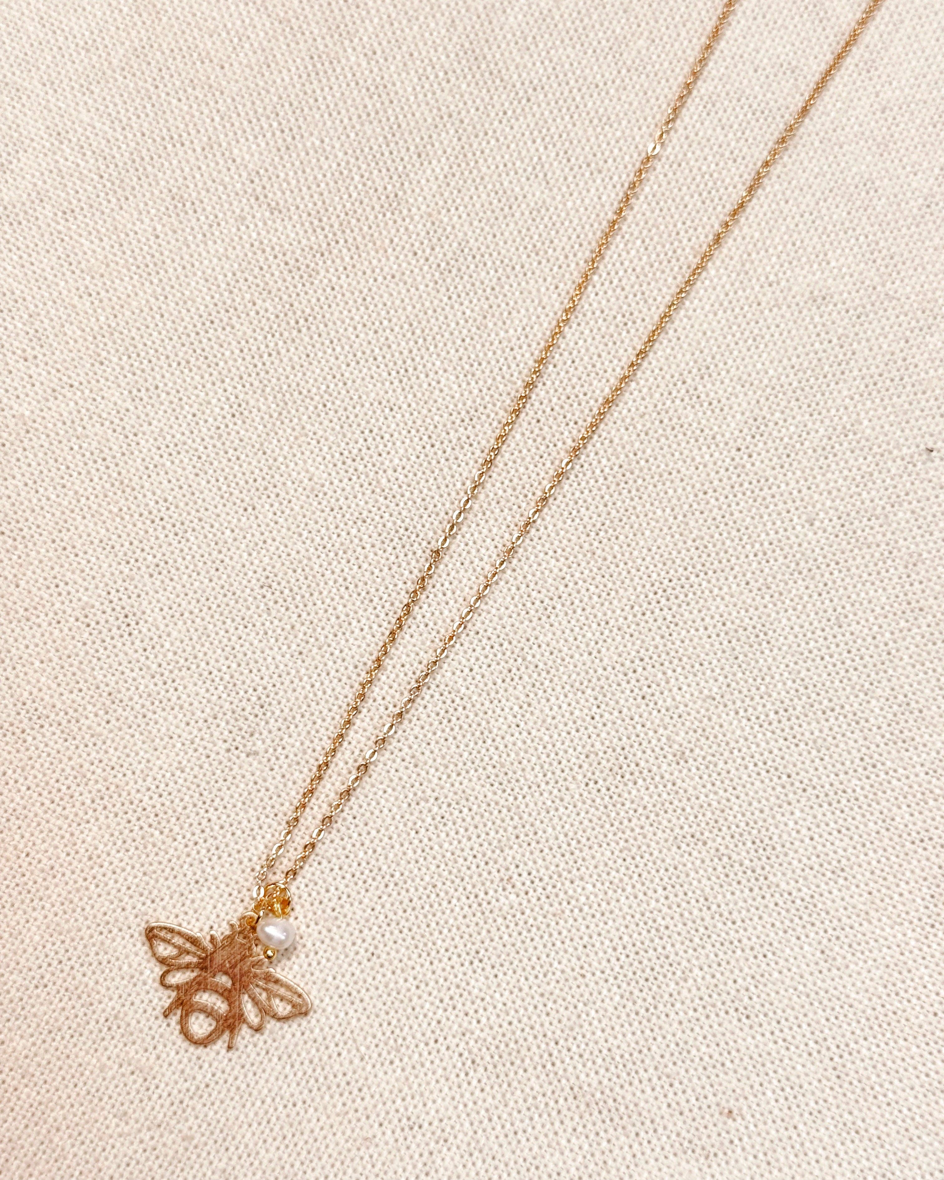 Textured Brass Bee Gold Charm Necklace
