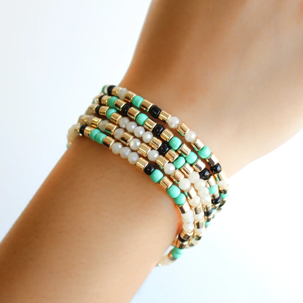 Stretch Bracelet | Layered Green, White & Gold