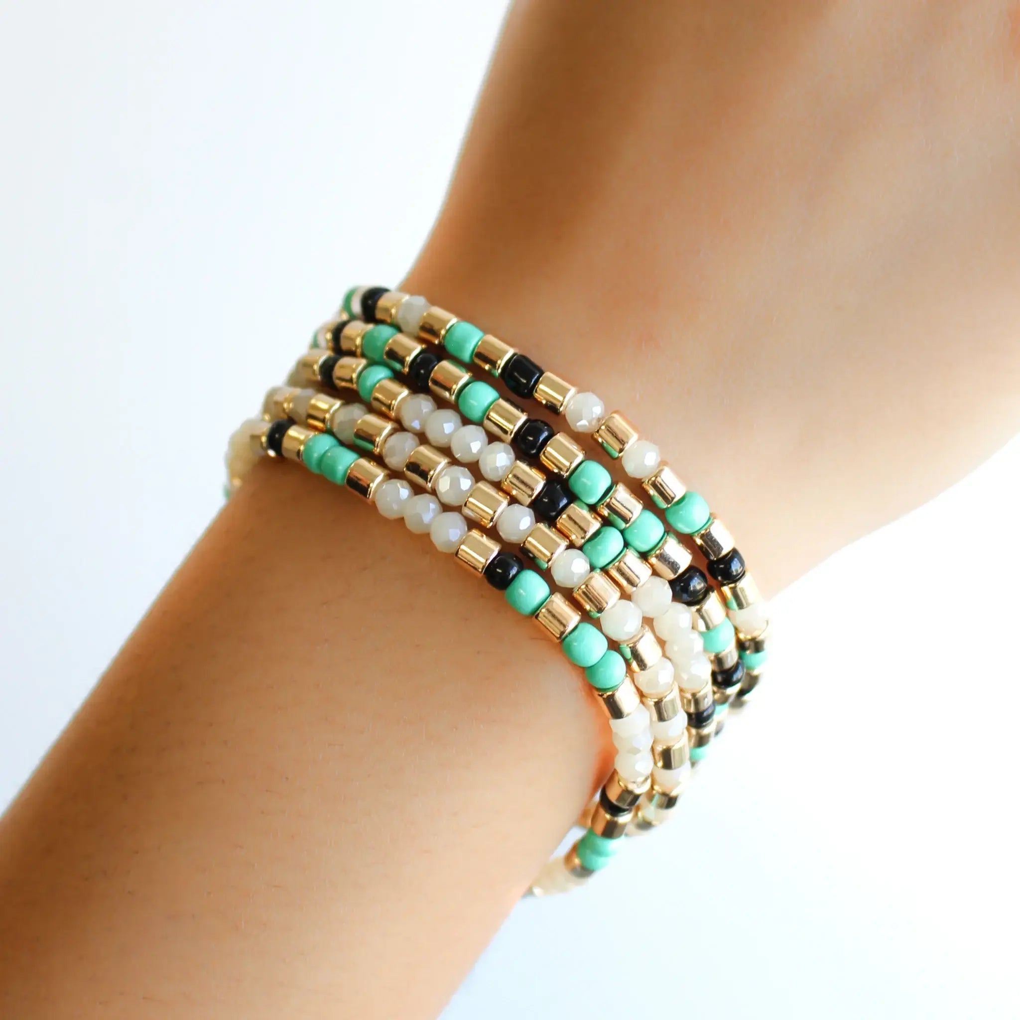 Stretch Bracelet | Layered Green, White & Gold