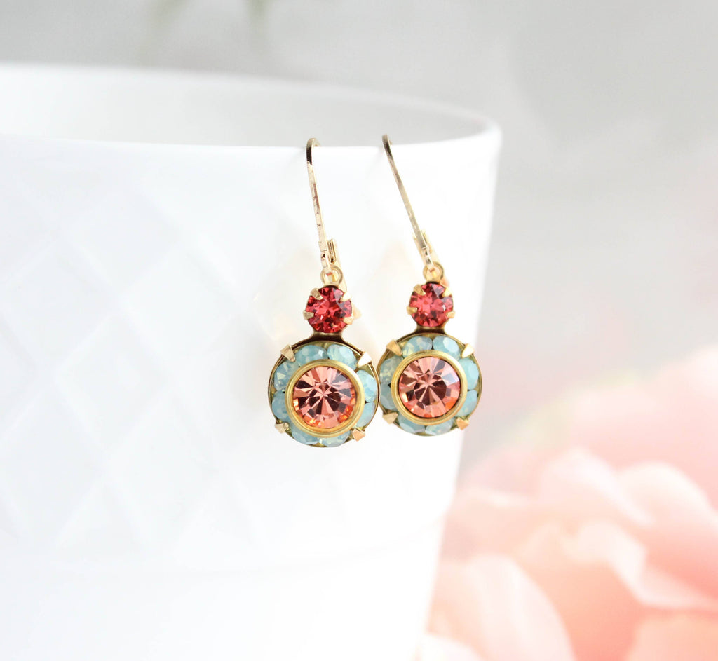 Art Deco Earrings | Coral Peach and Aqua Opal