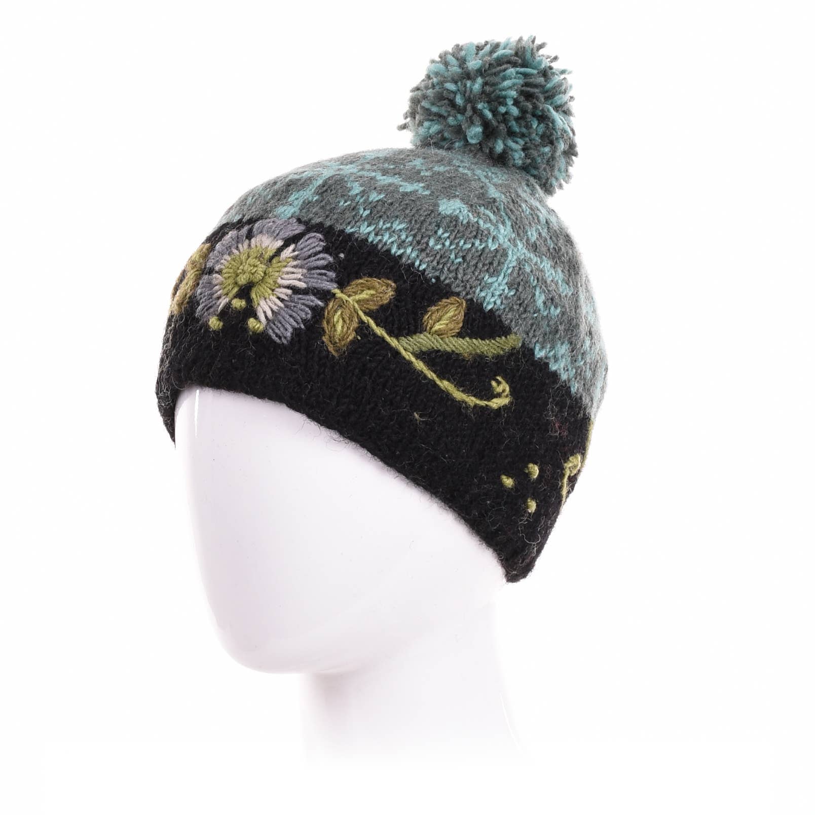 Eleanor Beanie Hat with Embroidered Floral Detail: Light Natural