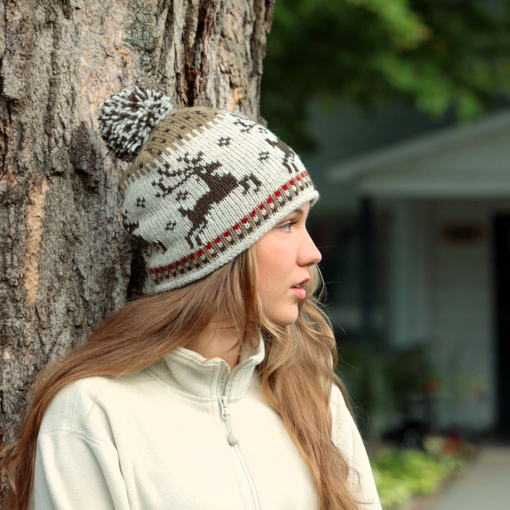 Yuletide Festive Wool Beanie Hat with Pom-Pom: Fawn