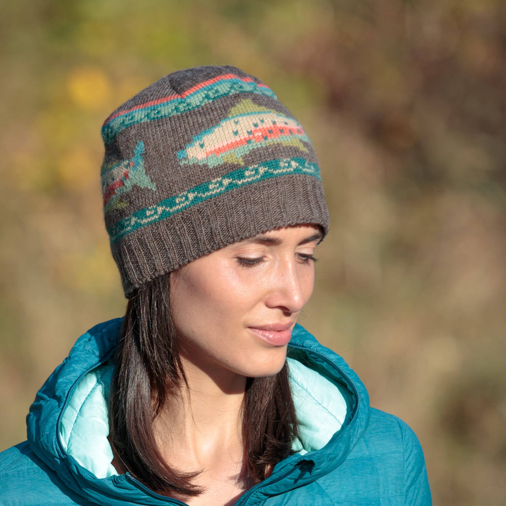 Trout Wool Beanie Hat with Fish Motif : Moss