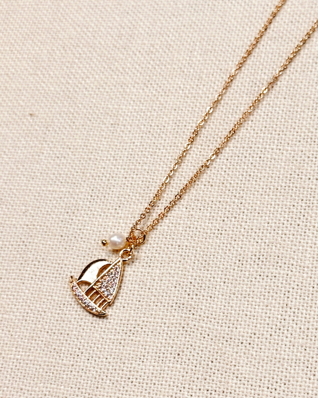 CZ Sailboat Charm Gold Necklace with Pearl