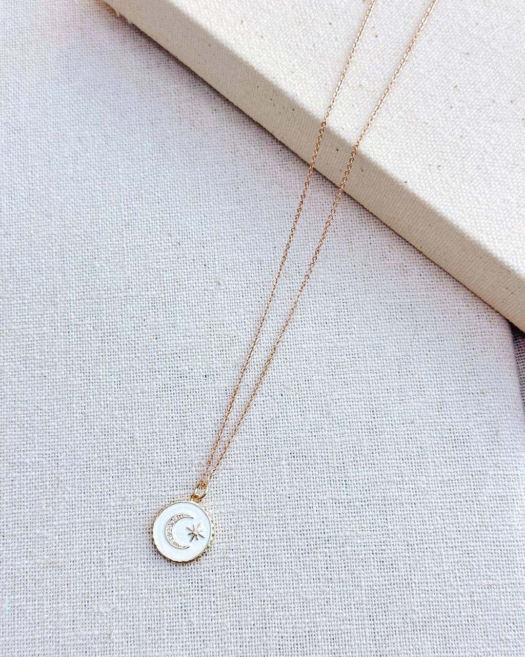 Gold White Rhinestone Moon Star Talisman Charm Necklace