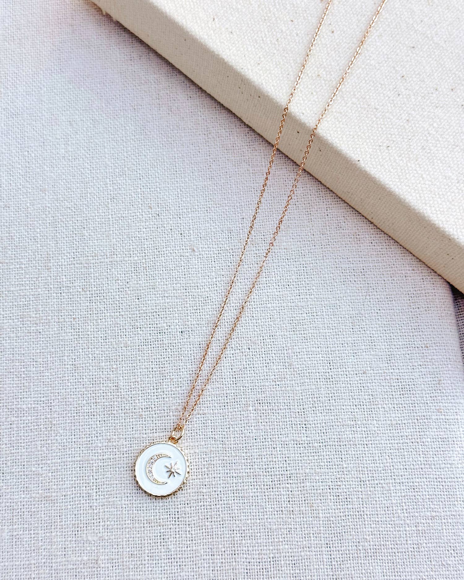 Gold White Rhinestone Moon Star Talisman Charm Necklace