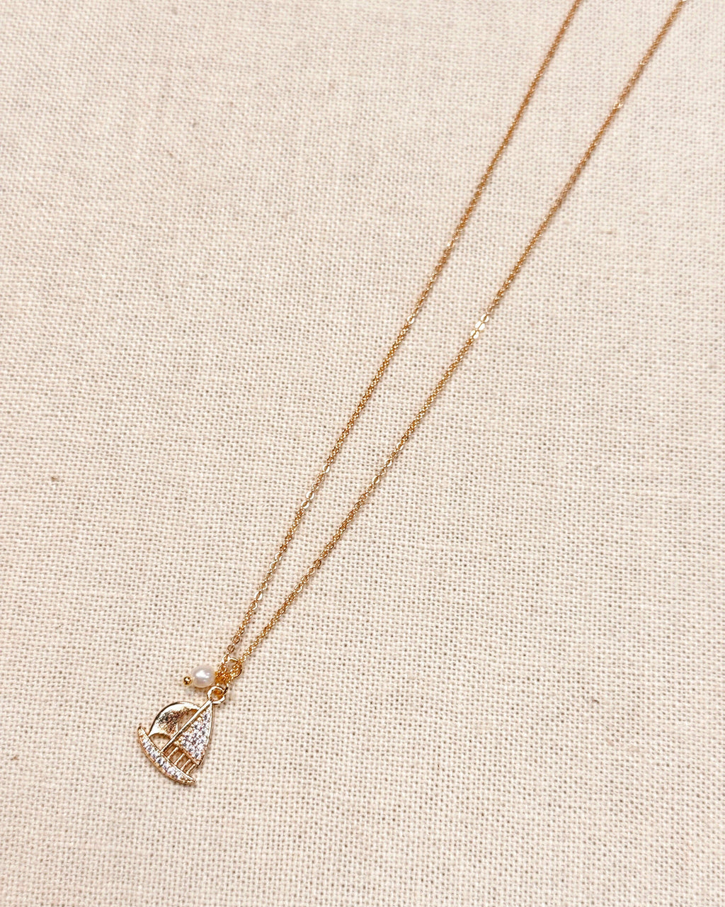 CZ Sailboat Charm Gold Necklace with Pearl