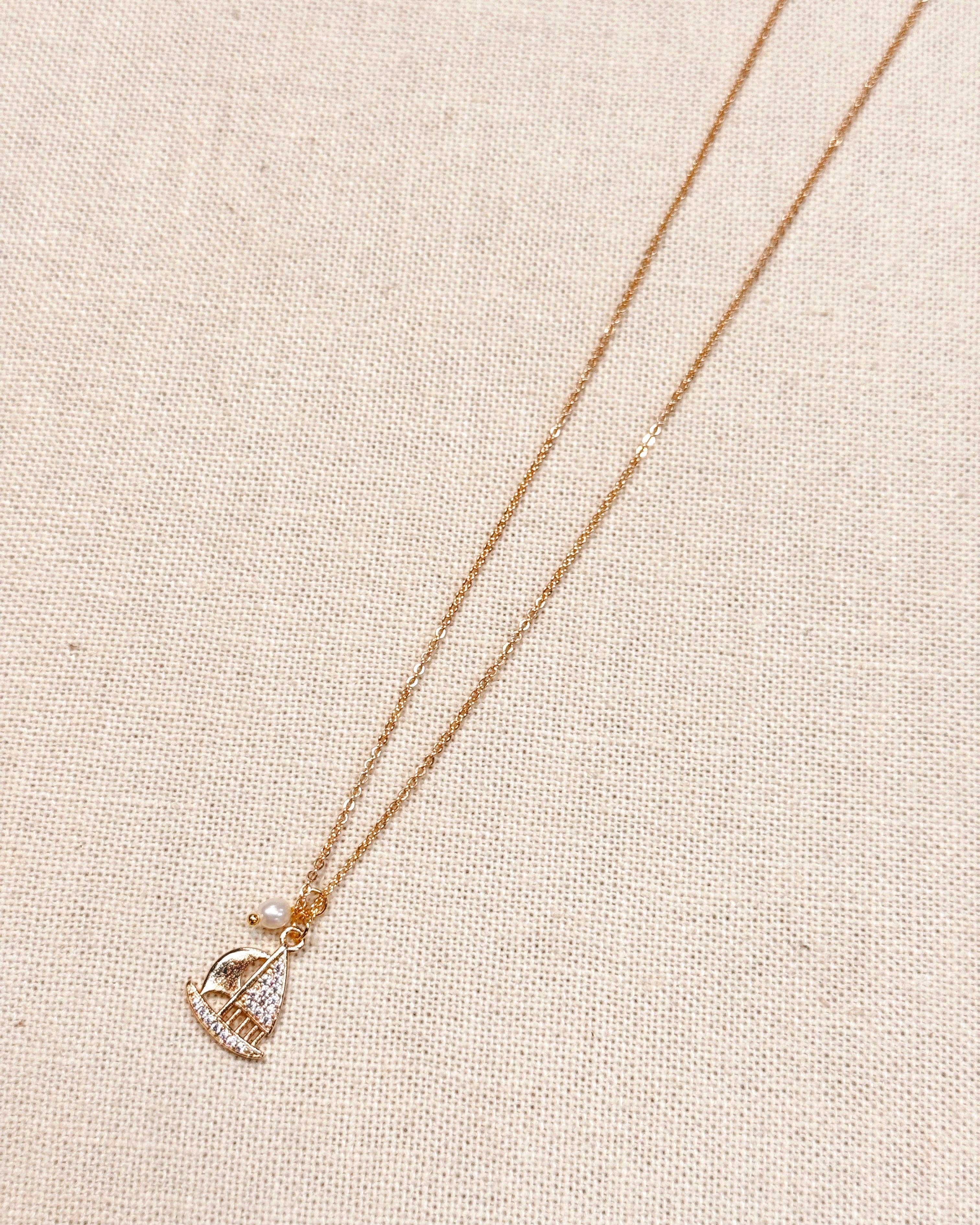 CZ Sailboat Charm Gold Necklace with Pearl