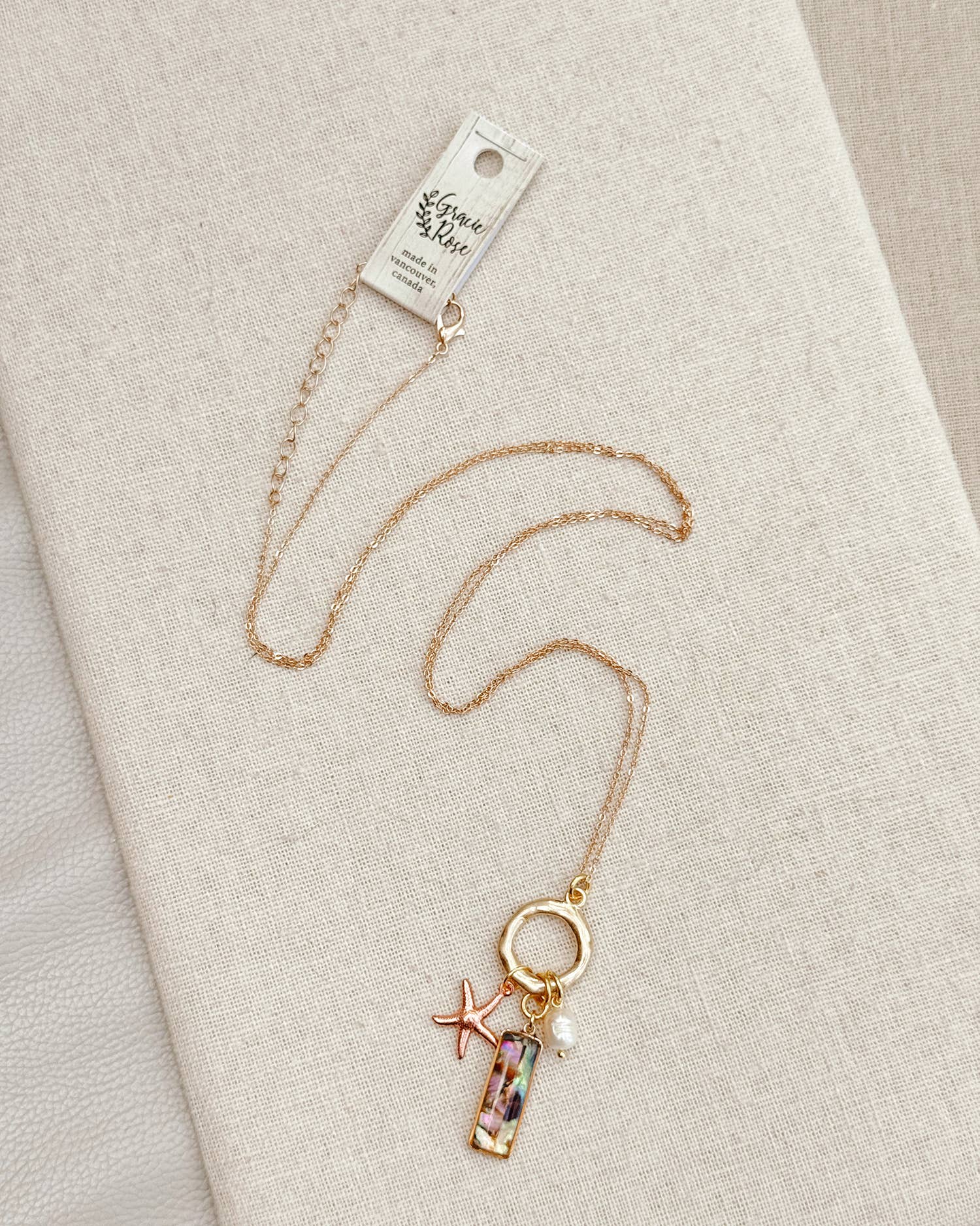 Abalone & Freshwater Pearl Starfish Charm Gold Long Necklace