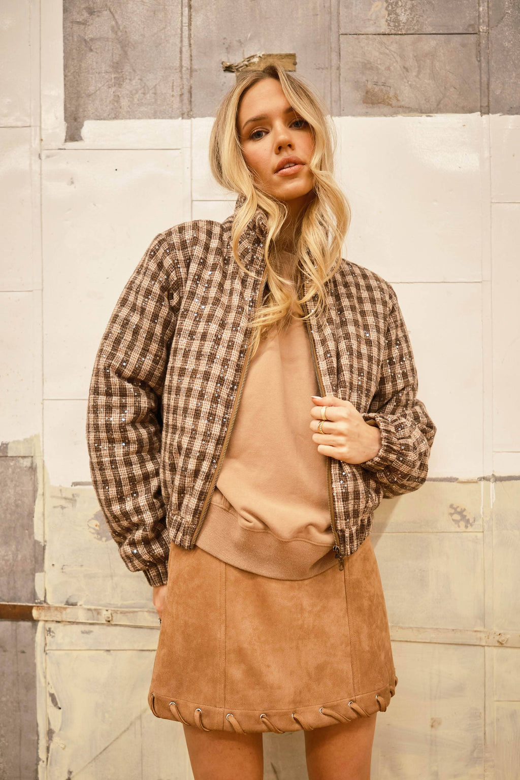 Sequin Plaid Cropped Puffer