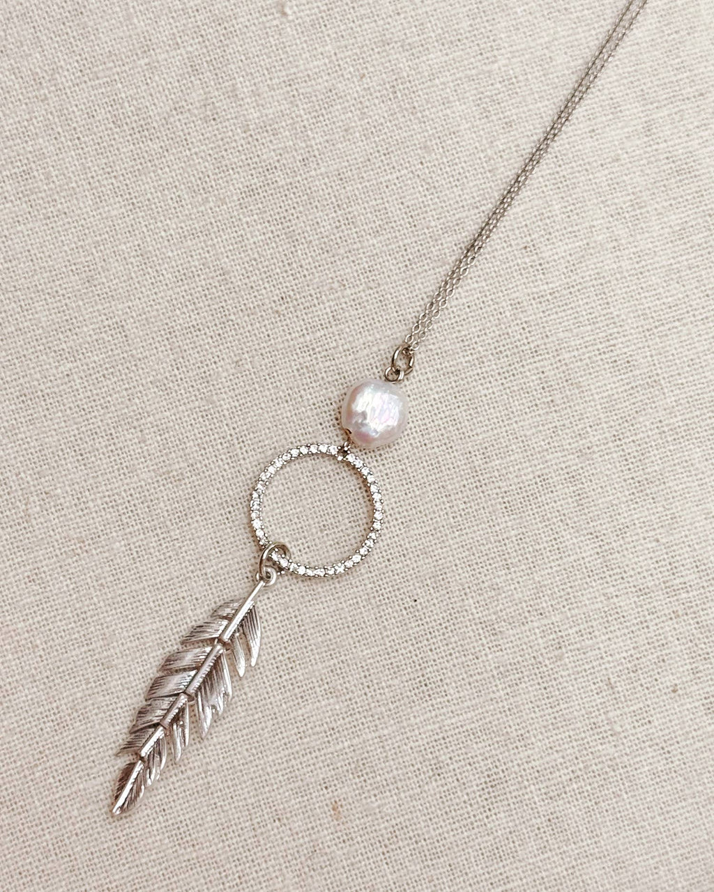Pearl, Rhinestone Hoop & Feather Pendant Necklace: Silver