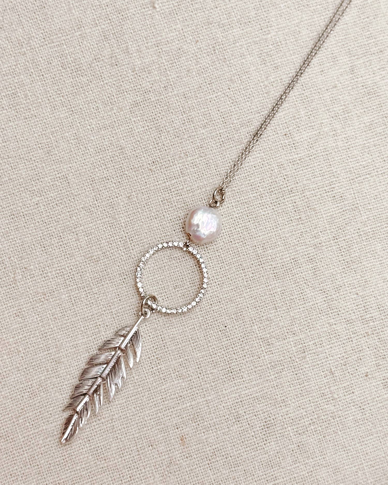 Pearl, Rhinestone Hoop & Feather Pendant Necklace: Silver