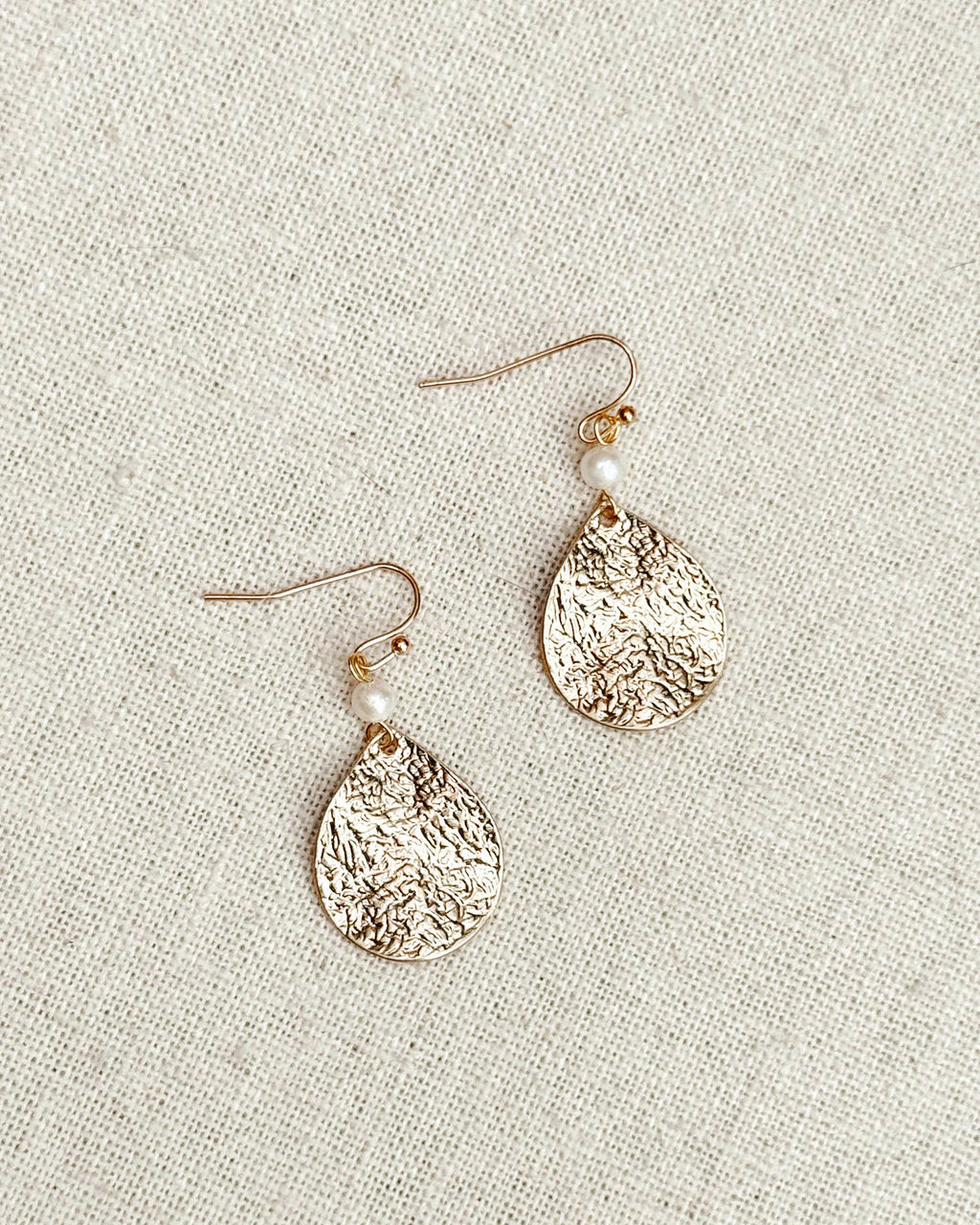 Hammered Teardrop & Freshwater Pearl Dangle Earrings