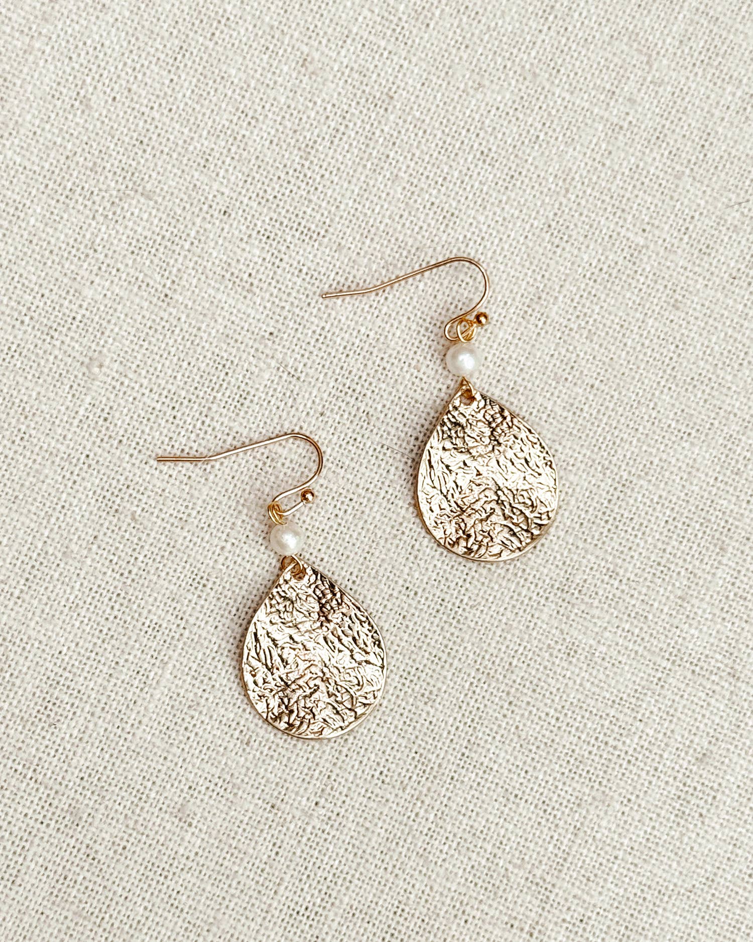 Hammered Teardrop & Freshwater Pearl Dangle Earrings