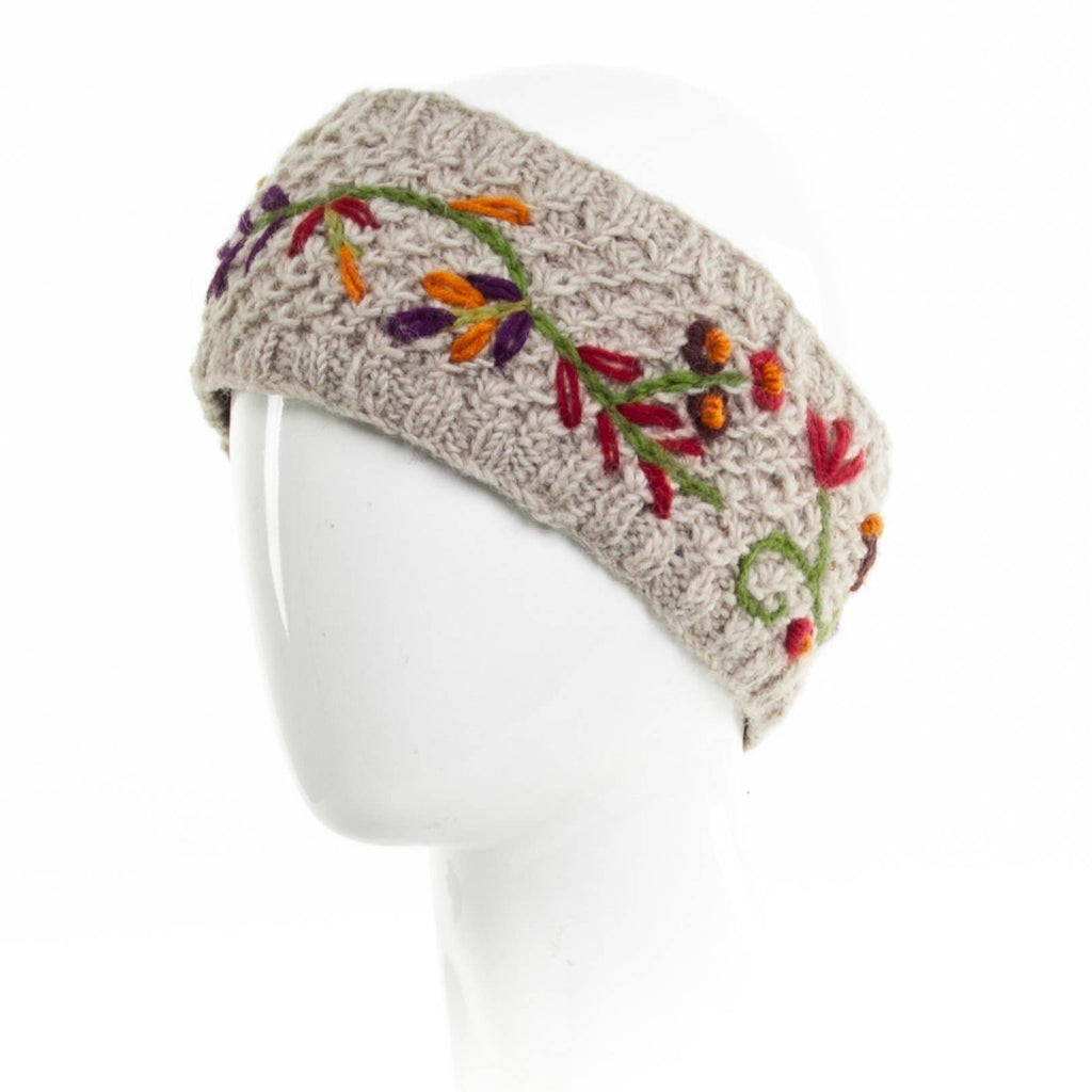 Naomi Knit Wool Headband with Embroidery: Medium Natural