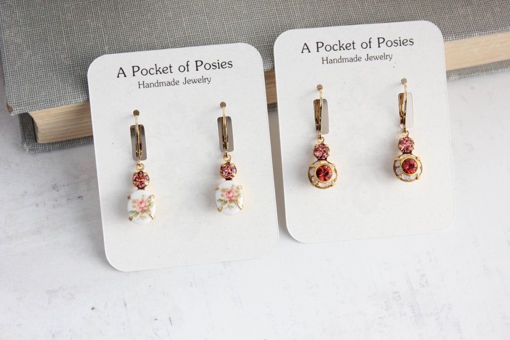 Pink Rose Flower Cameo Earrings