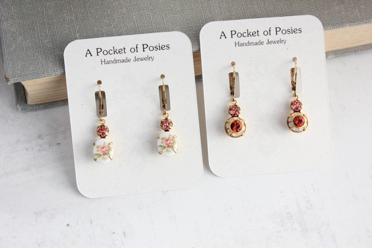 Pink Rose Flower Cameo Earrings