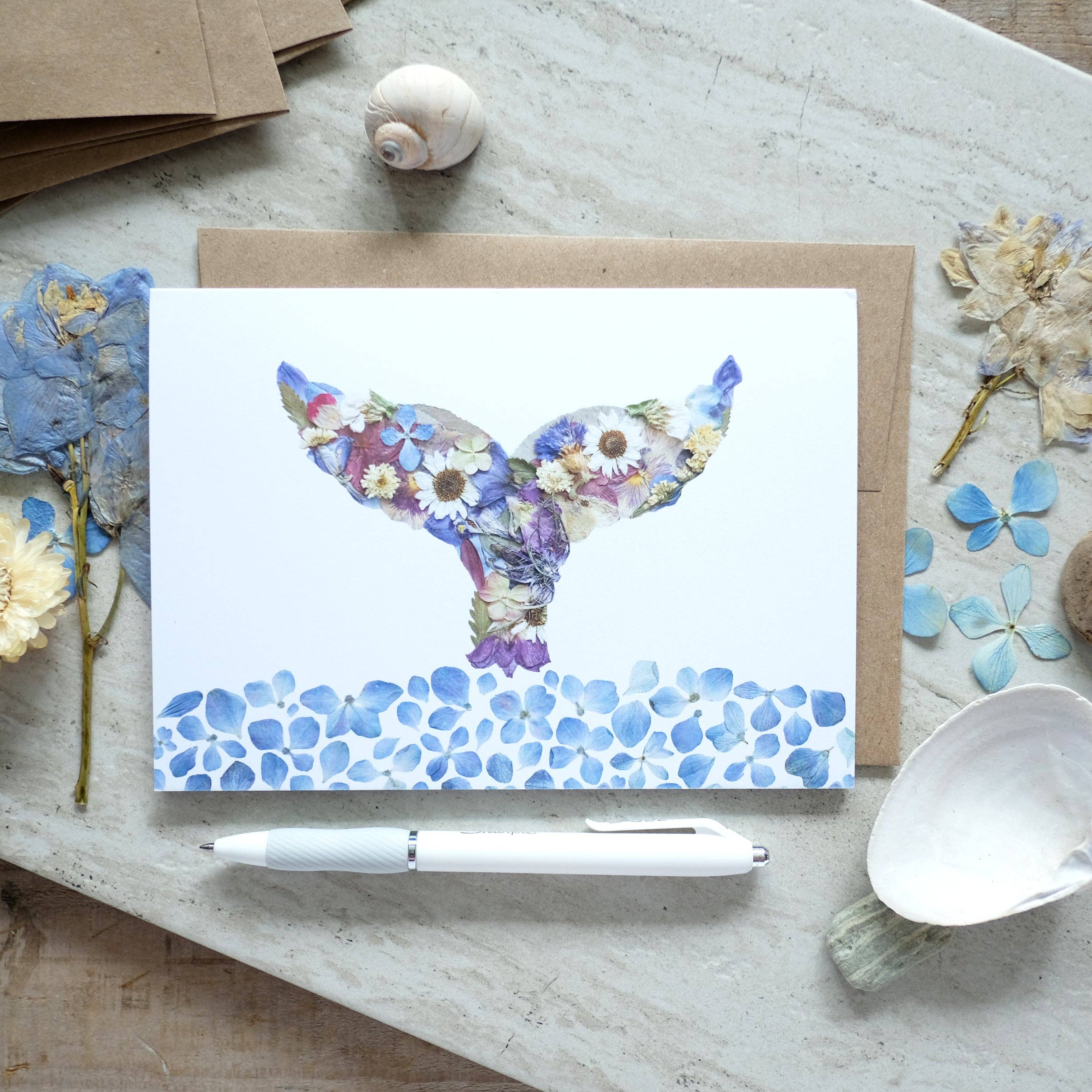 Whale Tail Pressed Flower Card